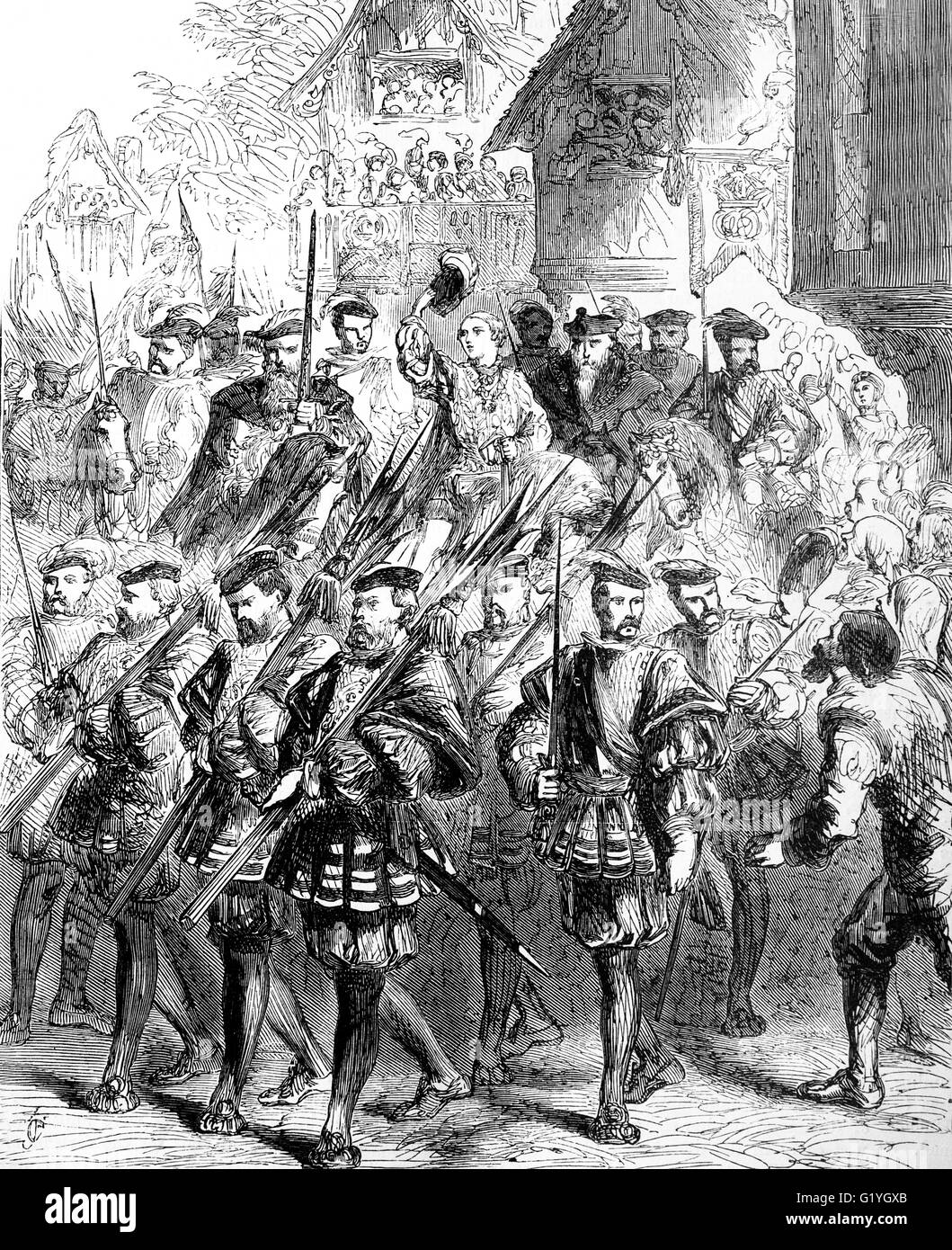 Edoardo VI di età compresa tra i 9 entrando a Londra il 20 febbraio1547 per la sua incoronazione. Il figlio di Enrico VIII e Jane Seymour, Edward era il terzo sovrano della Dinastia Tudor e Inghilterra del primo monarca sollevato come un protestante. Foto Stock