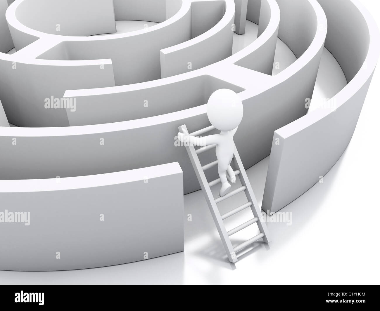 3D renderer immagine. La gente bianca in un labirinto con scale di colore bianco. Sfida e concetto di affari. Isolato sullo sfondo bianco. Foto Stock