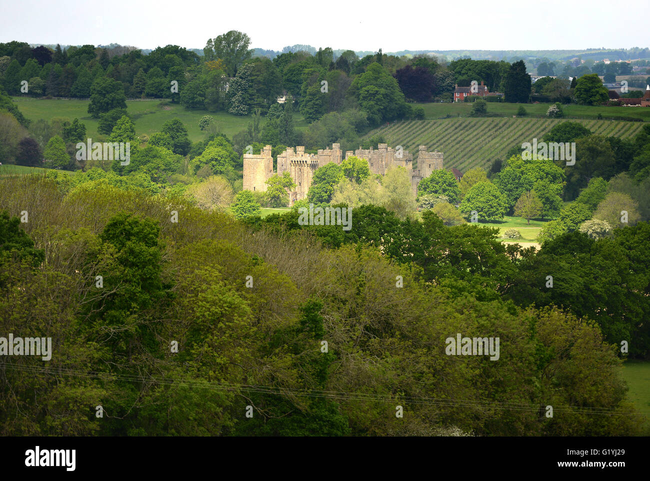 Il Castello di Bodiam, East Sussex, Regno Unito, nell'albero di luce Foto Stock