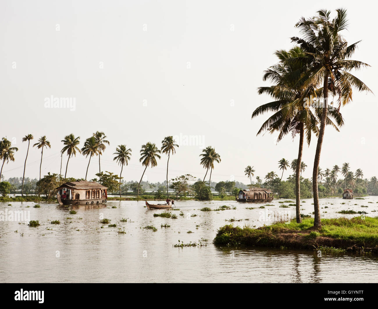 Case galleggianti lungo un canale nel Kerala backwaters.India Foto Stock