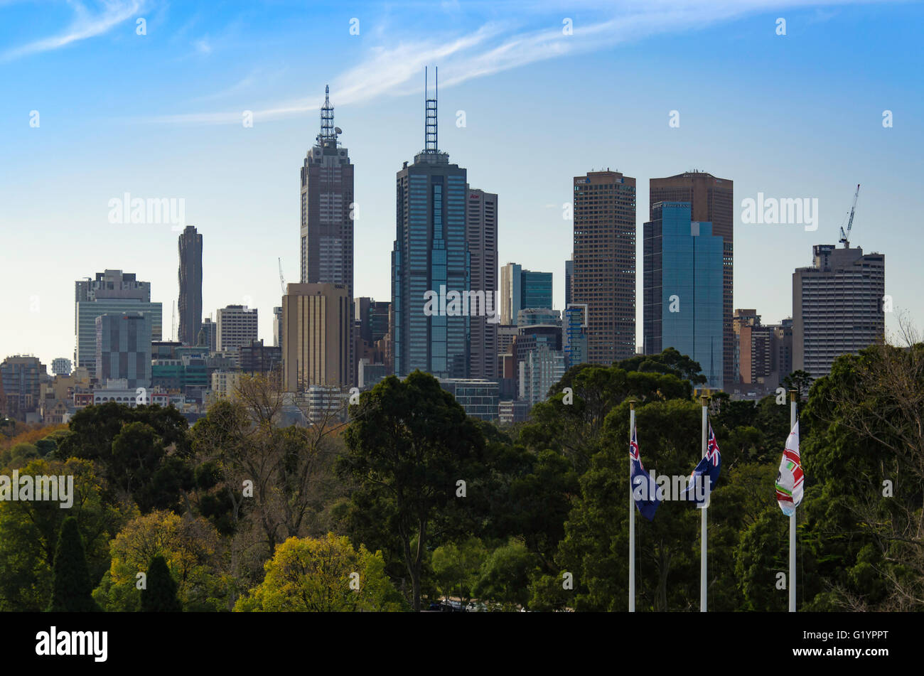 Viste di Melbourne CBD DALLA GUERRA MONDIALE 1 il Tempio della Rimembranza a Melbourne, Victoria, Australia Foto Stock