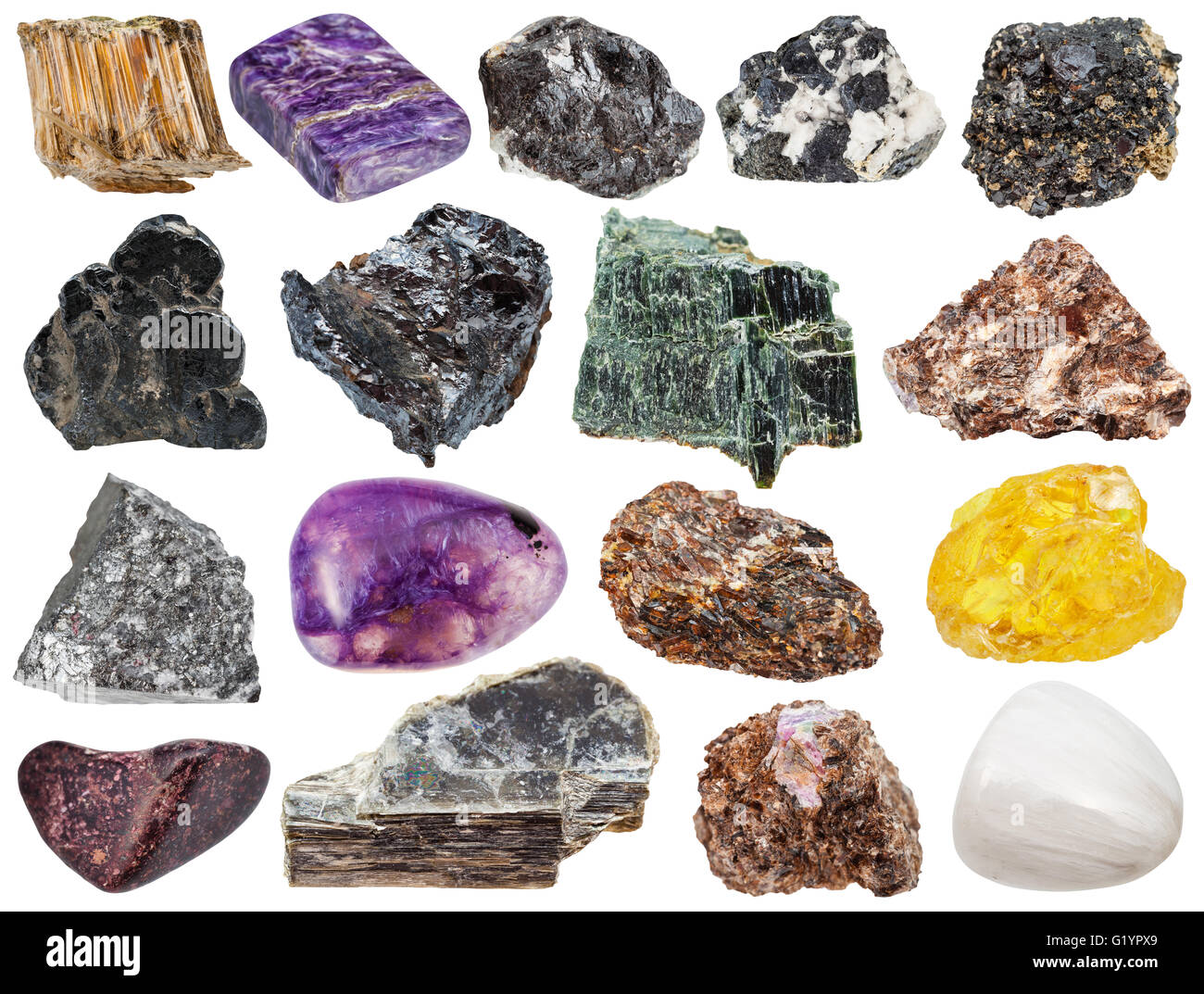 Set di vari minerali naturali - pietre sphene, muscovite, stibnite, antimonite, amianto crisotilo amosite, ilmenorutile, ru Foto Stock