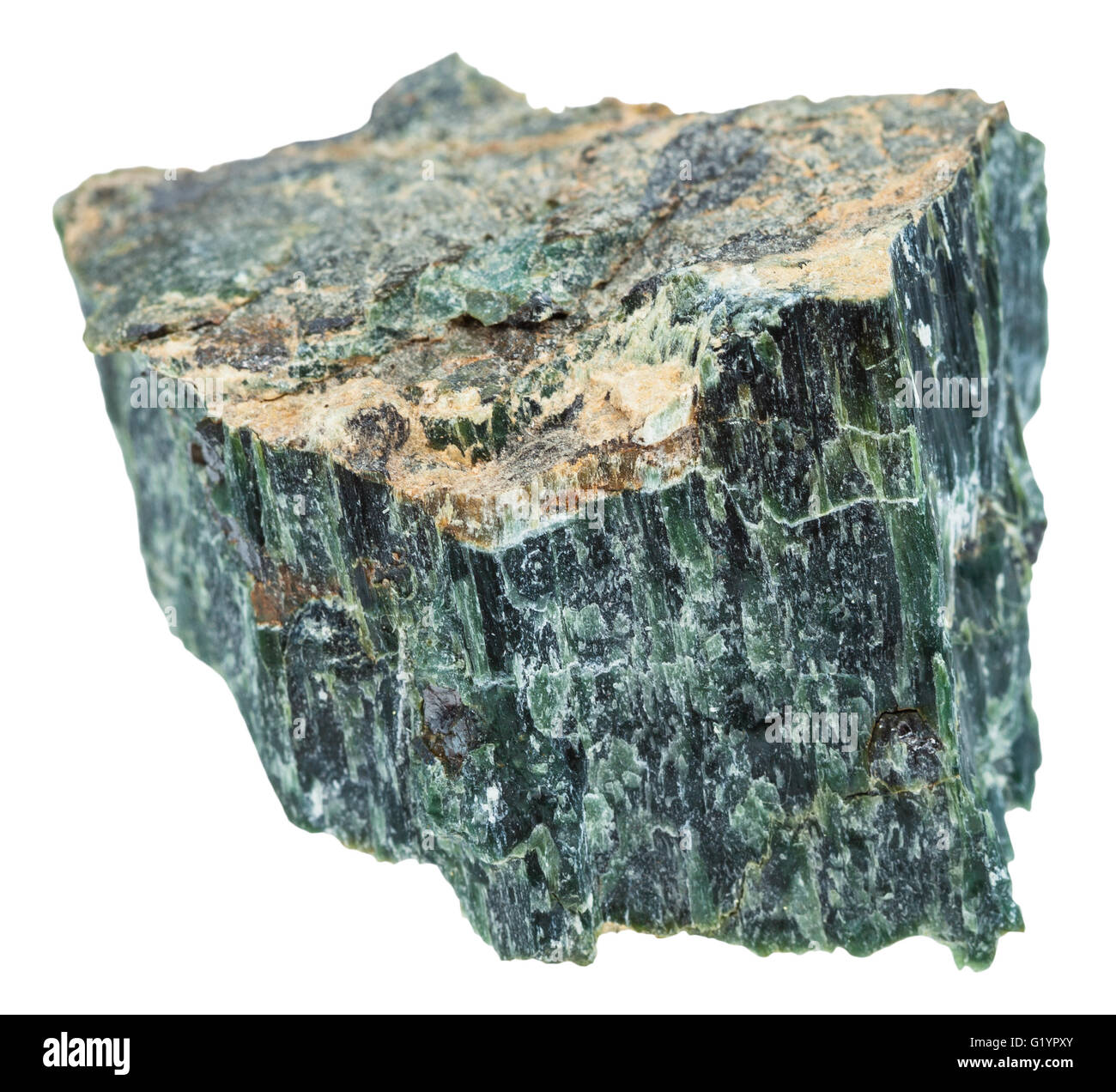 Le riprese in modalità macro di minerali naturali di pietra - roccia di crisotilo (verde amianto, a serpentina, amianto amianto bianco) isolato su w Foto Stock