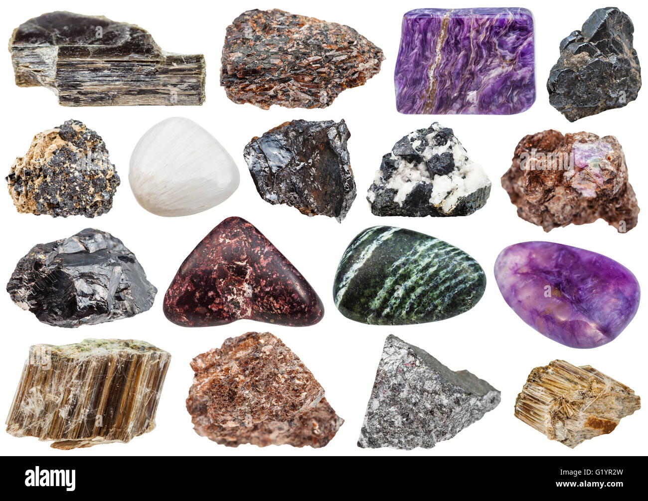 Set di vari minerali naturali - pietre stibnite, amianto crisotilo, charoite, phlogopite, corindone, perovskite, piemontite, Foto Stock