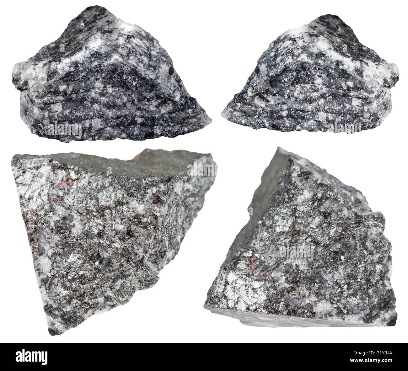Set di vari minerali naturali - pietre stibnite (antimonite, minerale di antimonio) scogli isolati su sfondo bianco Foto Stock