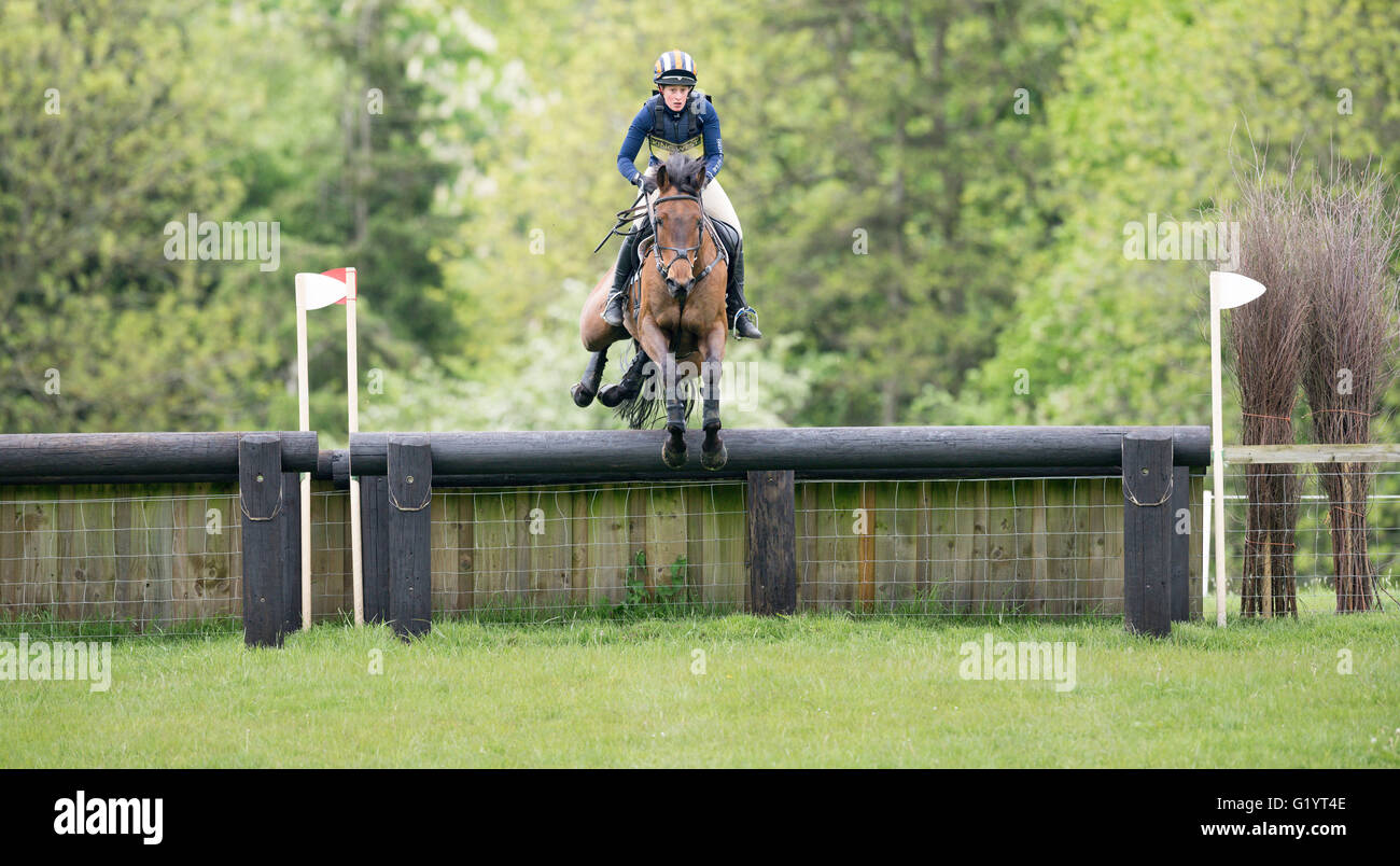 Jess Butler sul suo cavallo Tower Hill Boy salta l'ostacolo chiamato palizzata paralleli durante il cross country evento a Rockingham Foto Stock
