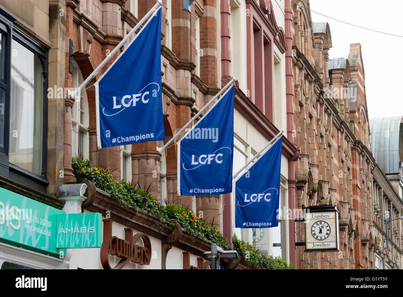 Il Leicester City Football Club champions bandiere, Leicester City Centre, Regno Unito Foto Stock