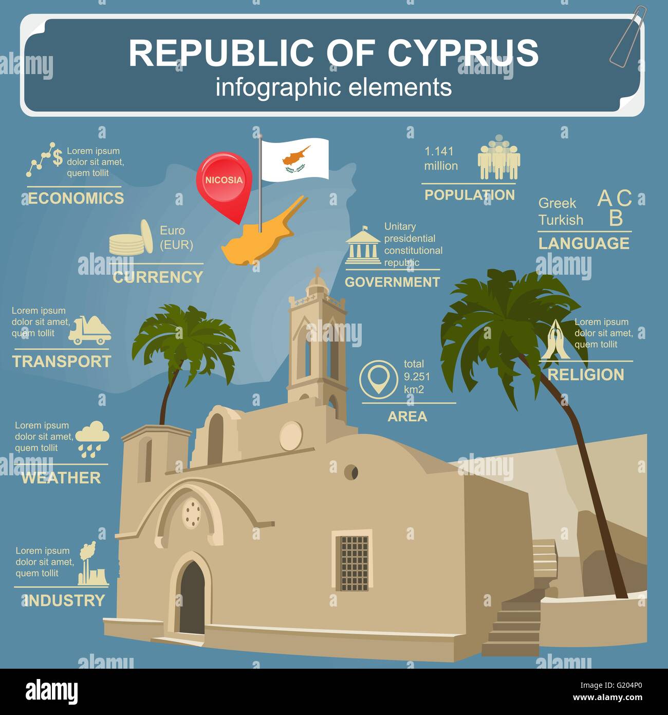 Cipro infographics, dati statistici attrazioni. Ayia Napa monastero. Illustrazione Vettoriale Illustrazione Vettoriale