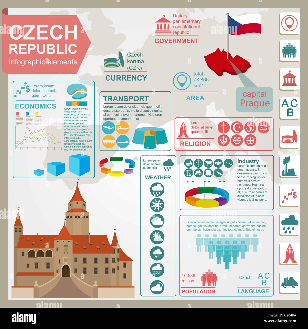 Infographics ceca, dati statistici attrazioni. Illustrazione Vettoriale Illustrazione Vettoriale