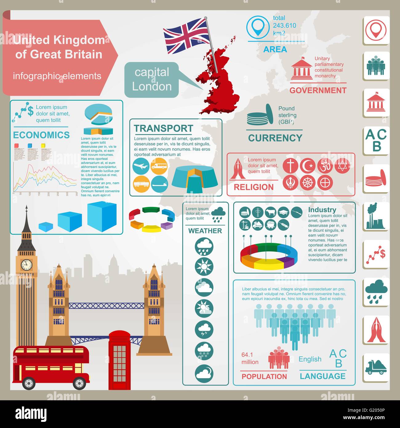 Regno Unito di Gran Bretagna infographics, dati statistici attrazioni. Illustrazione Vettoriale Illustrazione Vettoriale