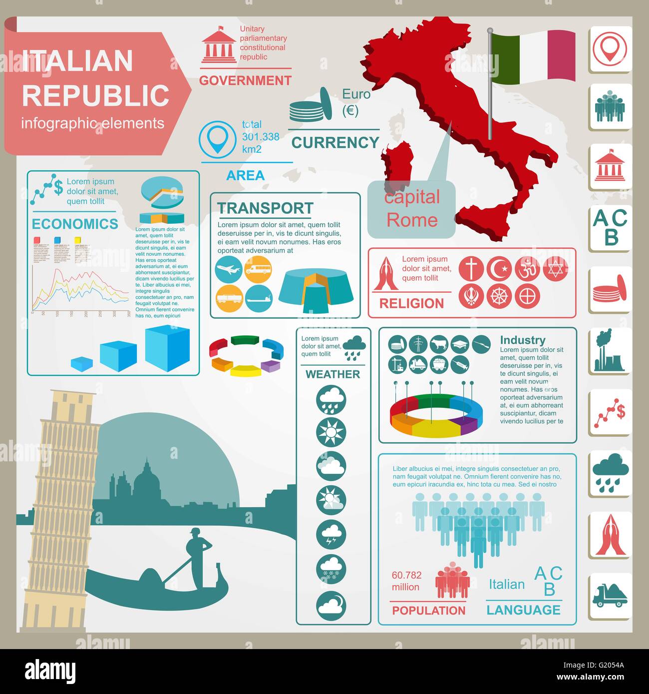 Repubblica italiana infographics, dati statistici attrazioni. Illustrazione Vettoriale Illustrazione Vettoriale