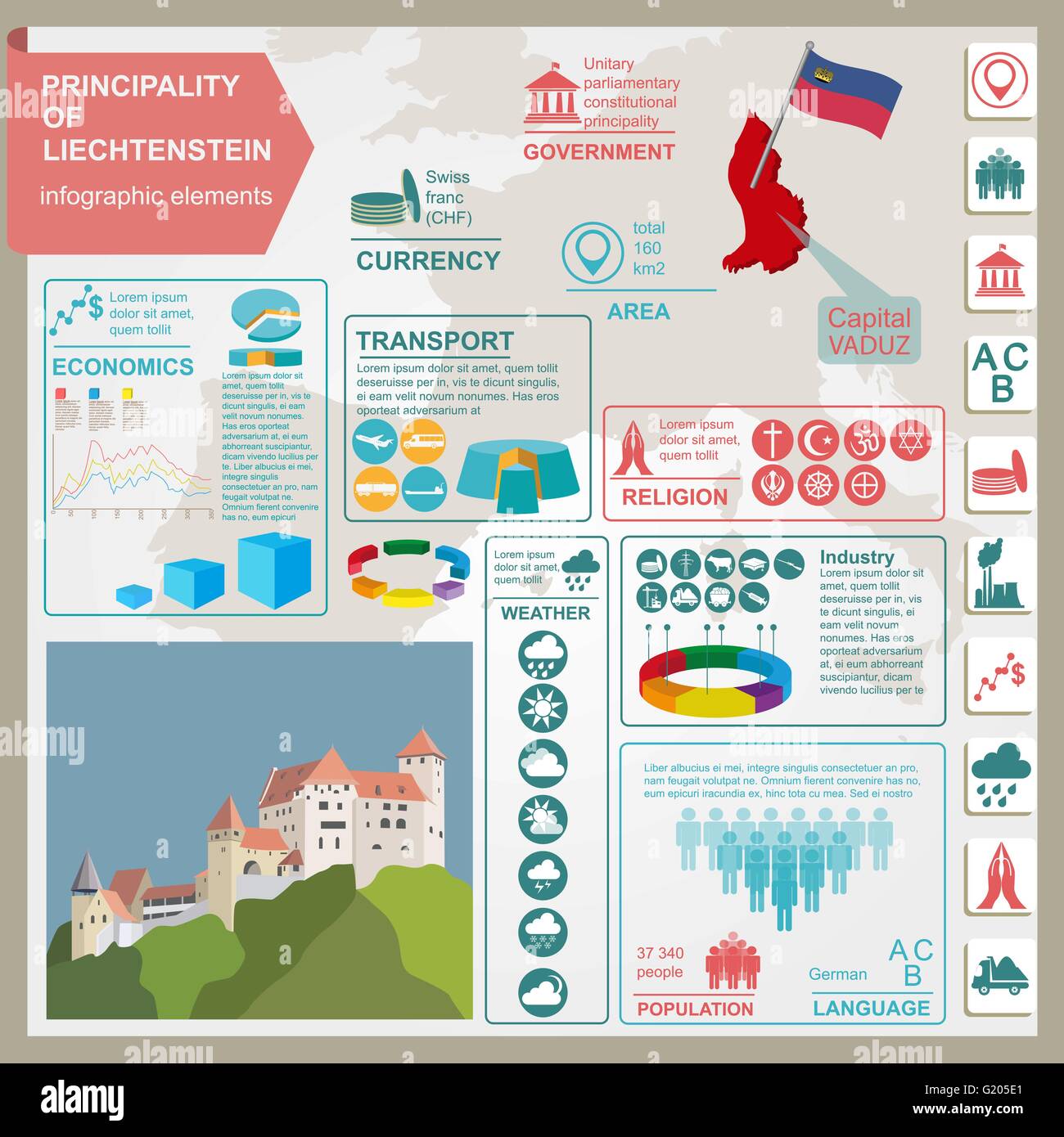 Il Liechtenstein infographics, dati statistici attrazioni. Illustrazione Vettoriale Illustrazione Vettoriale