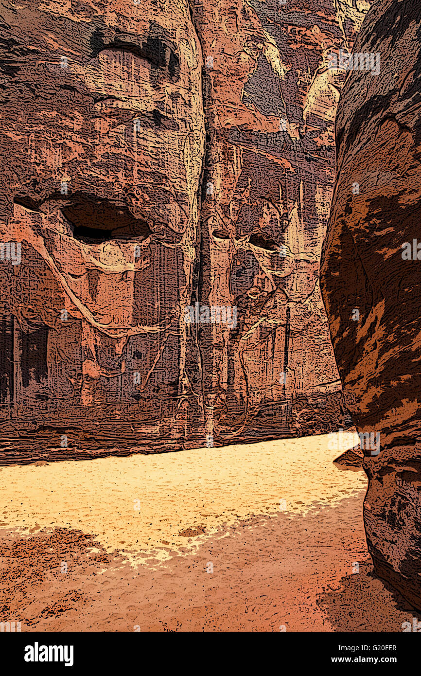 Moab Arches National Park, montante rocce e stretto sentiero con sabbia, idea del percorso sconosciuto e del viaggio. Digitalmente potenziata mediante incisione grunge look. Foto Stock