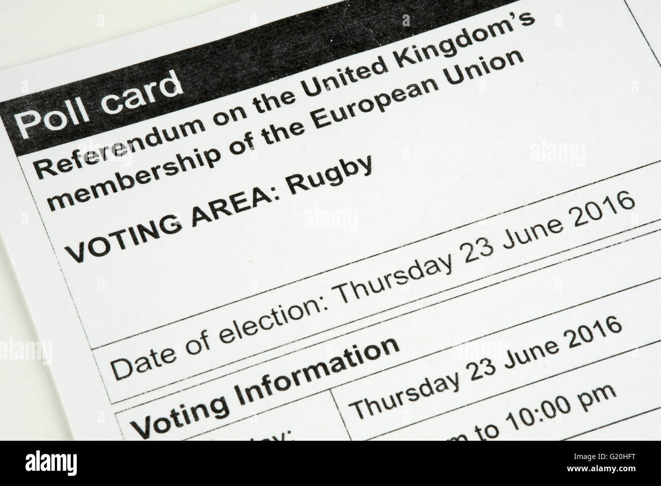Scheda di polling per il Referendum sul Regno Unito l'adesione all'Unione europea Foto Stock