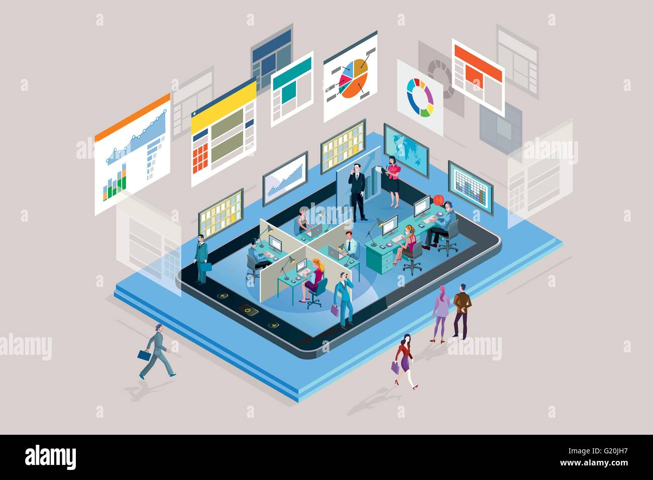 Gli analisti del web a lavorare in una società in un telefono mobile, analizzando i grafici, Diagramma e statistiche web. Illustrazione Vettoriale