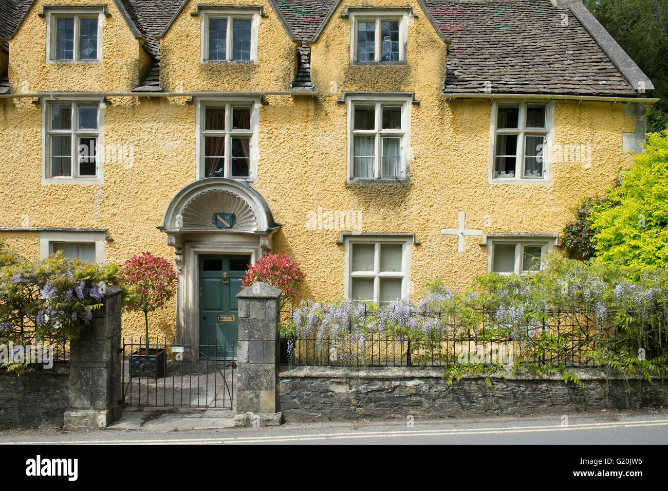 Fioritura wisteria sulla recinzione di una casa gialla a Castle Combe, Chippenham, Wiltshire, Inghilterra Foto Stock