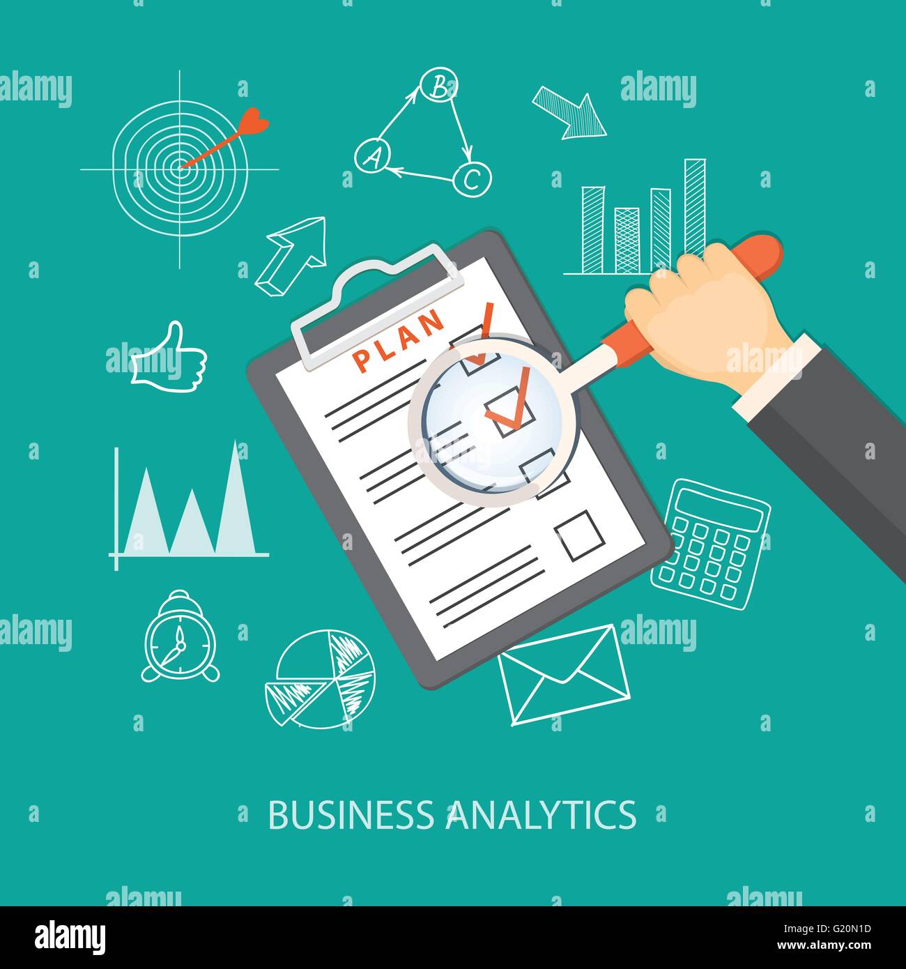 Appartamento illustrazione vettoriale. banner per il sito web. mano con lente di ingrandimento, icone e disegnati a mano i simboli. eps 10. Illustrazione Vettoriale