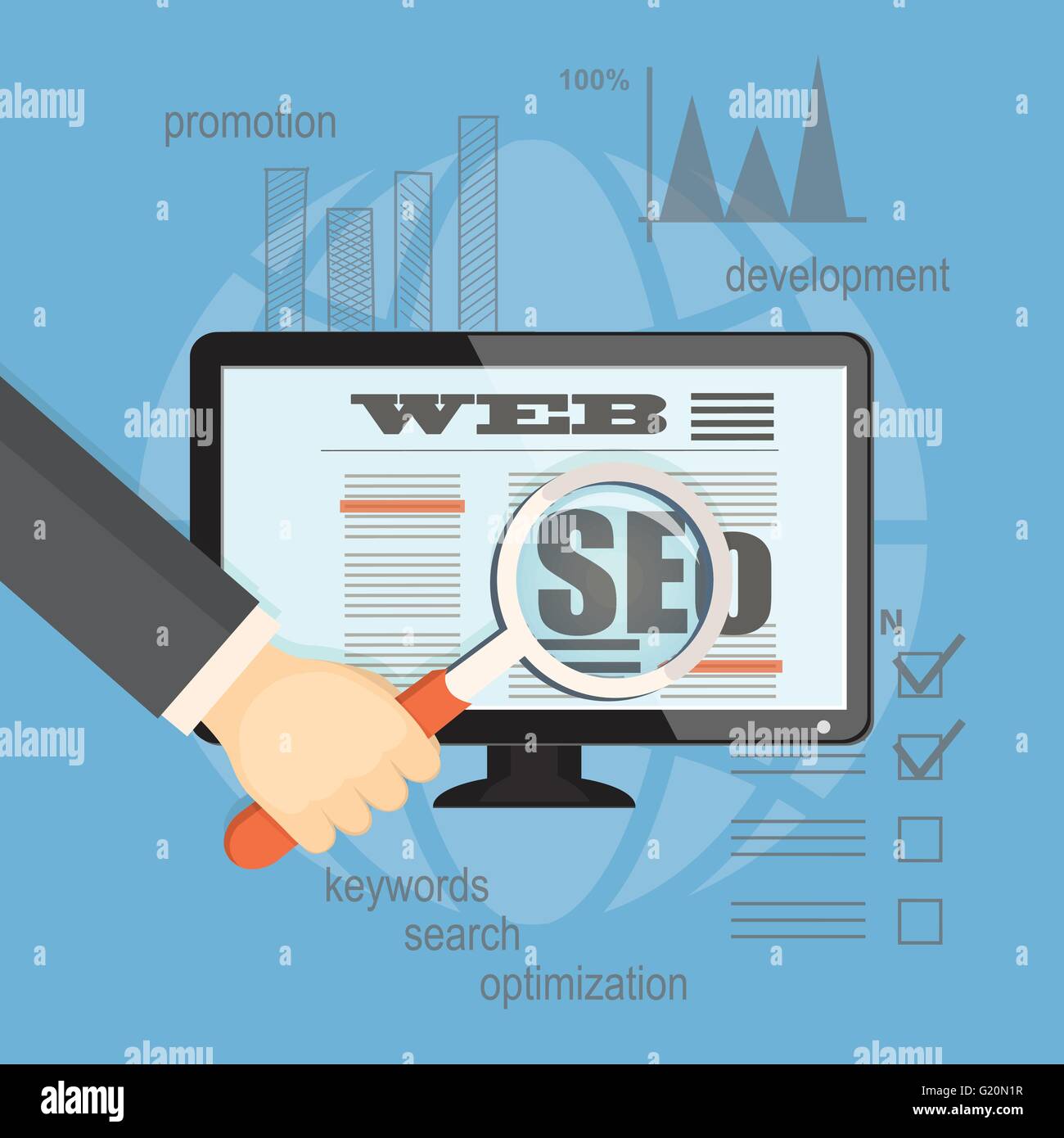 Appartamento illustrazione vettoriale. concetto di tecnologia di SEO per il sito web aziendale. le mani con lente di ingrandimento, laptop e mano disegnare simboli. Illustrazione Vettoriale