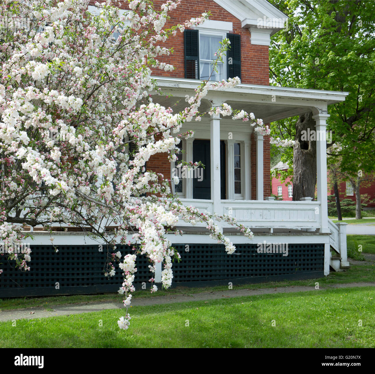 Fioriture primaverili telaio parte anteriore di circa ottocento mattone rosso home casa Essex New York STATI UNITI D'AMERICA America Adirondack State Park Foto Stock