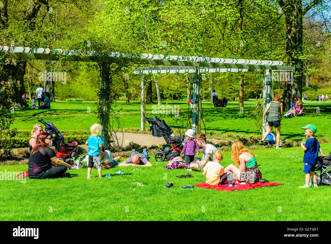Ronneby, Svezia - 8 Maggio 2016: le persone che si godono il bel tempo durante i momenti di relax nel parco. Giovani adulti e bambini che giocano un Foto Stock