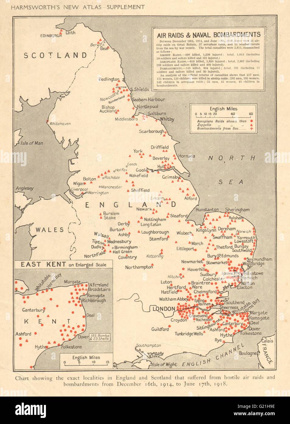 Prima guerra mondiale "incursioni aeree e bombardamenti navali" 1914-1918. HARMSWORTH, 1920 Mappa Foto Stock