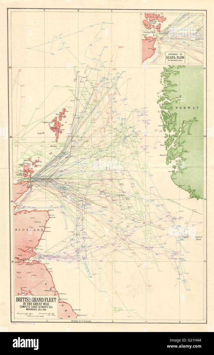 "British Grand Fleet nella Grande guerra " Mare del Nord i movimenti. HARMSWORTH, 1920 Mappa Foto Stock