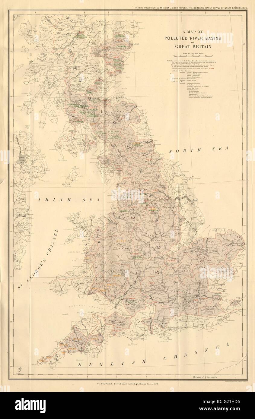 "Inquinato bacini fluviali della Gran Bretagna". Inquinamento. STANFORD, 1874 mappa vecchia Foto Stock