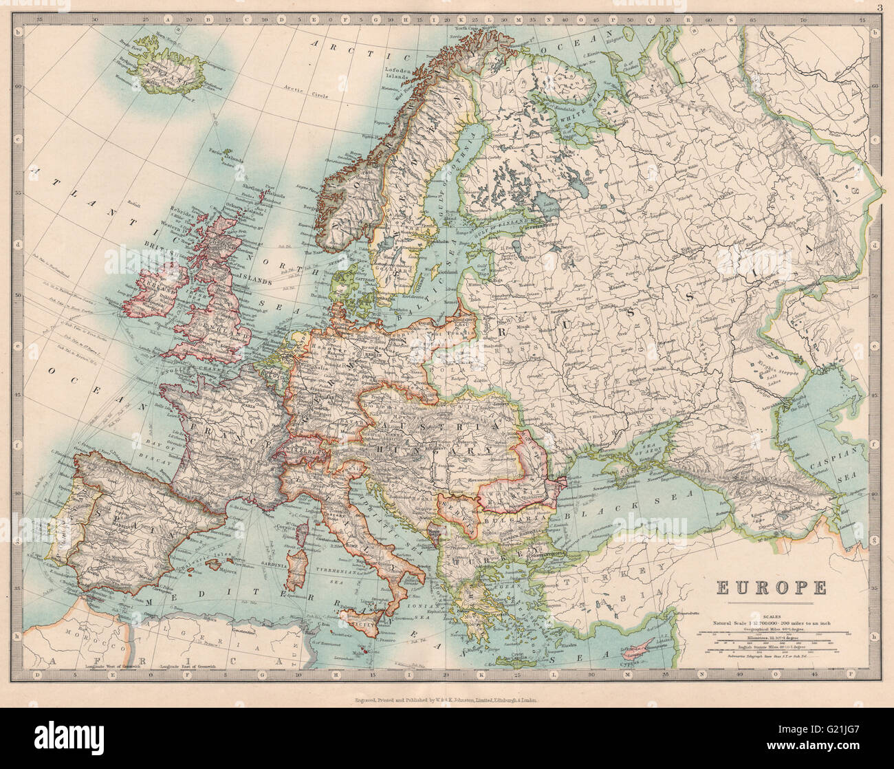 Europa mostrata poco prima della Prima Guerra Mondiale. JOHNSTON, 1912 Mappa antichi Foto Stock