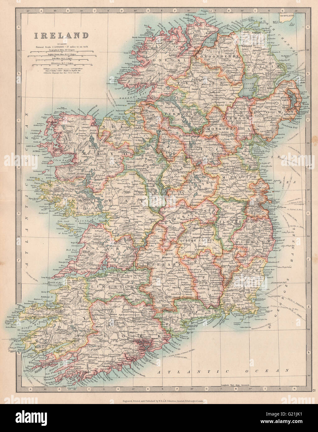L'Irlanda che mostra i campi di battaglia e le date. JOHNSTON, 1912 Mappa antichi Foto Stock