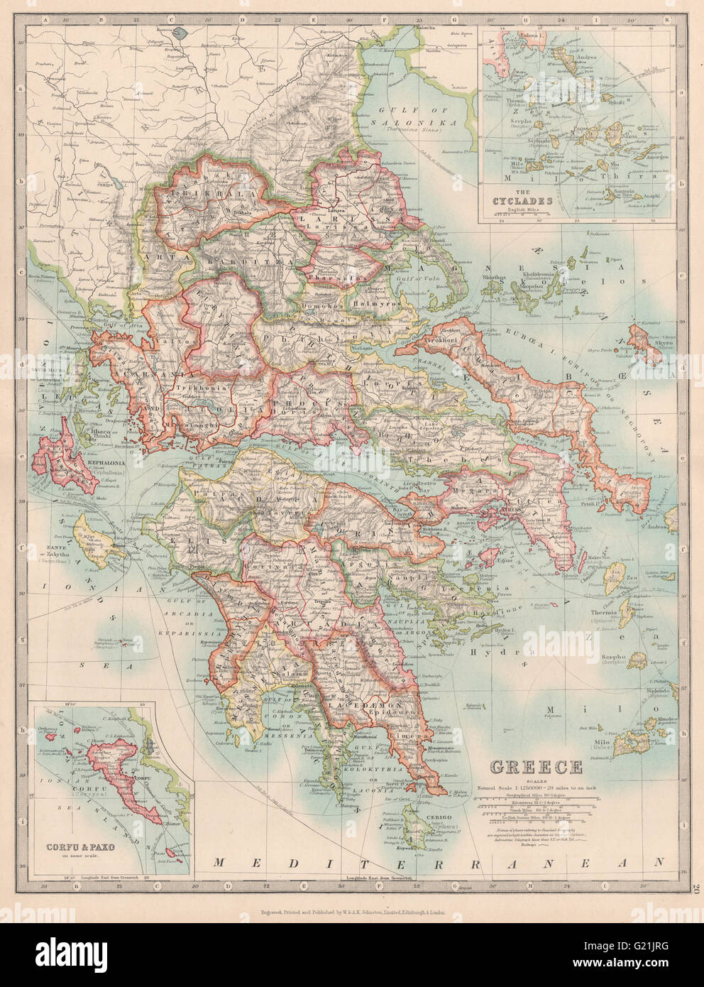 La Grecia. Inset Corfù Paxo Cicladi. Le ferrovie. JOHNSTON, 1912 Mappa antichi Foto Stock