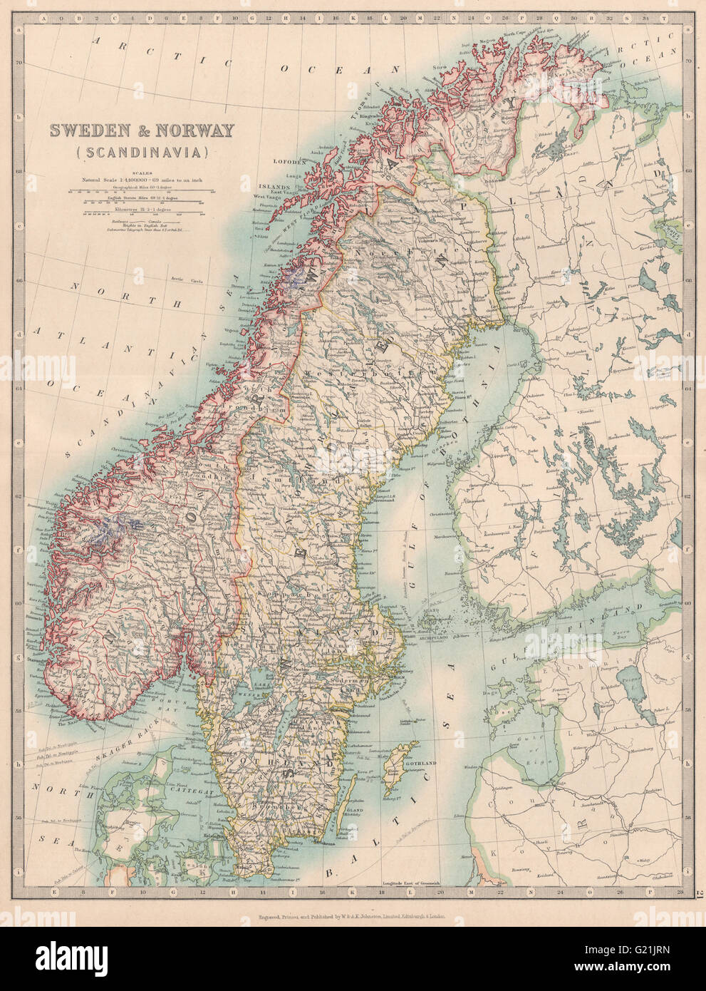 La Scandinavia. La Svezia e la Norvegia. Mostra ghiacciai. JOHNSTON, 1912 Mappa antichi Foto Stock