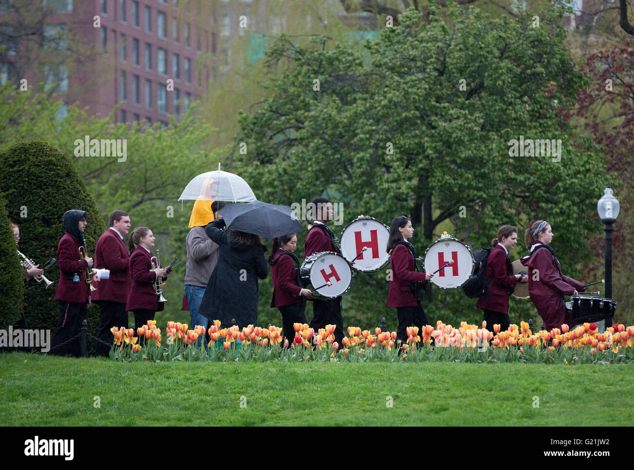 La Harvard University marching band in anatroccolo giorno evento familiare nel giardino pubblico di Boston, Massachusetts, STATI UNITI D'AMERICA Foto Stock