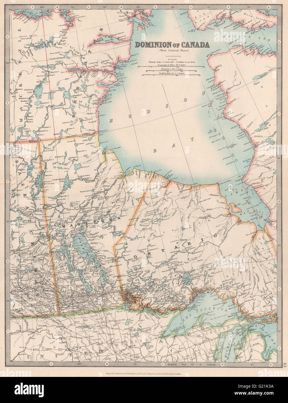 Baia di Hudson & Canada centrale. Manitoba. Ontario del nord. JOHNSTON, 1912 Mappa Foto Stock
