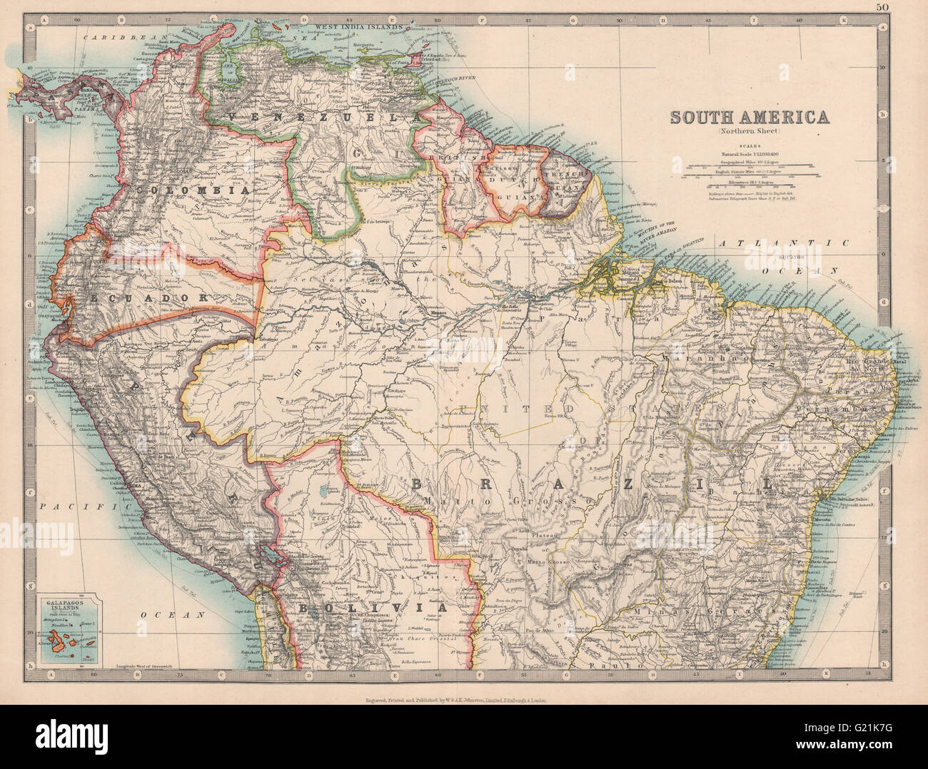 Sud America del nord. Perù e Ecuador confini come pre 1941 guerra. JOHNSTON, 1912 Mappa Foto Stock