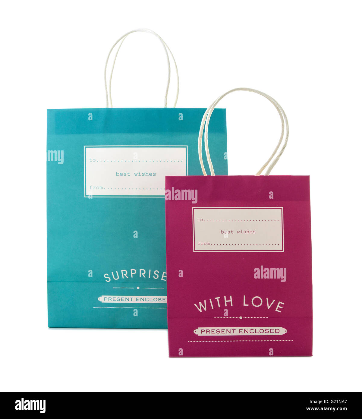 Due coloratissimi buste regalo su sfondo bianco Foto Stock