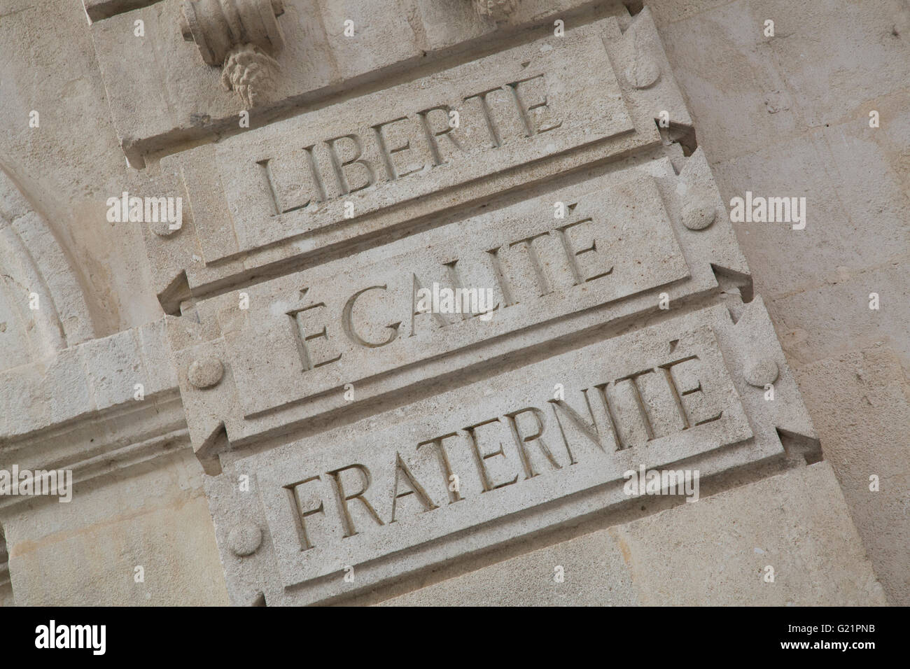 Libertà uguaglianza e fraternità, Nimes City Hall, Francia, Europa Foto Stock
