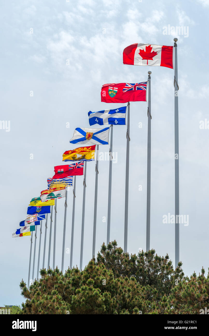 Immagine della bandiera canadese lungo con le bandiere delle dieci province canadesi e 3 territori canadesi, di Ottawa in Canada Foto Stock