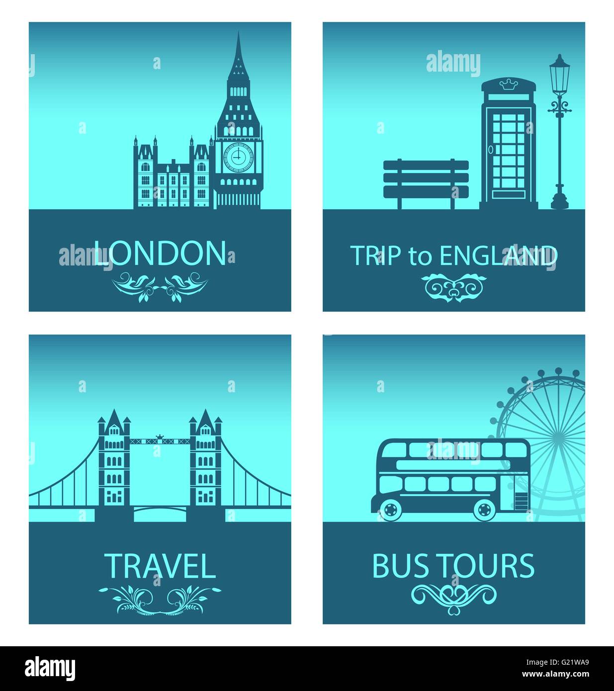 Abstract Cartoline di viaggio di Inghilterra con silhouette sullo sfondo di un astratto dello skyline di Londra Illustrazione Vettoriale
