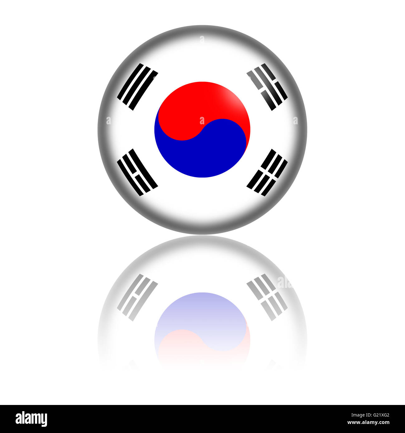 3D la sfera o badge di Corea del Sud bandiera con la riflessione sul fondo. Foto Stock