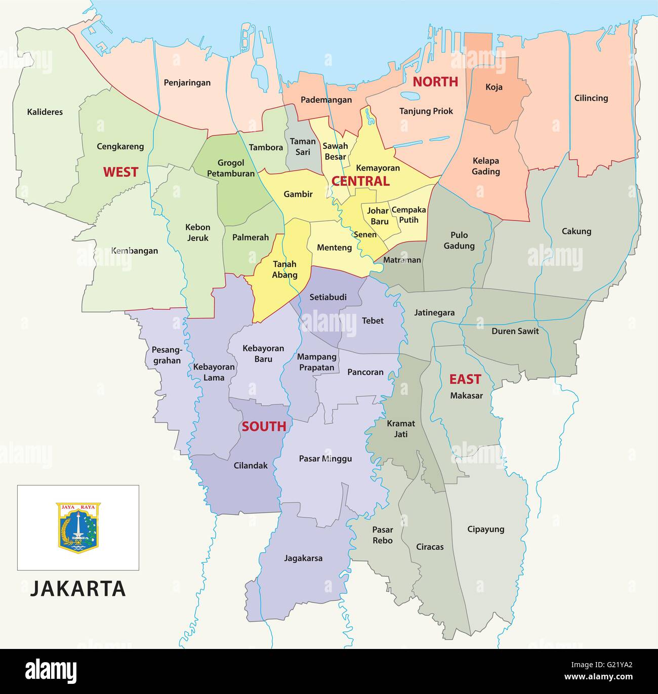 Jakarta mappa amministrativa con bandiera Illustrazione Vettoriale
