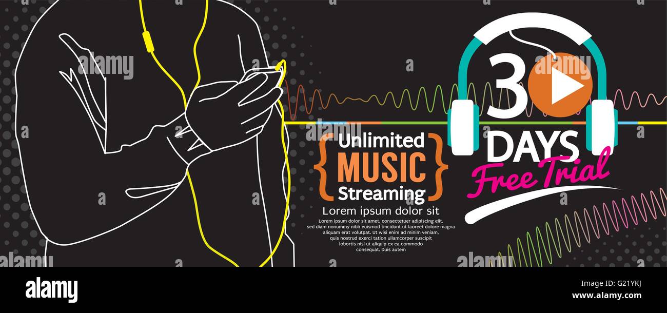 30 giorni di prova gratuita di streaming musicale 1500x600 Banner illustrazione vettoriale Illustrazione Vettoriale