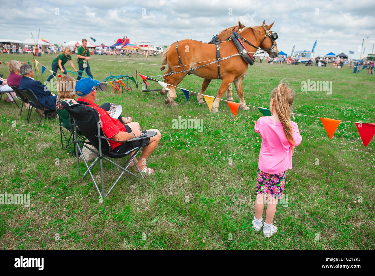 Suffolk County Fair, una famiglia che frequentano il Rougham spettacolo agricolo vicino a Bury St Edmunds guarda Suffolk Punch cavalli arando un campo, UK. Foto Stock