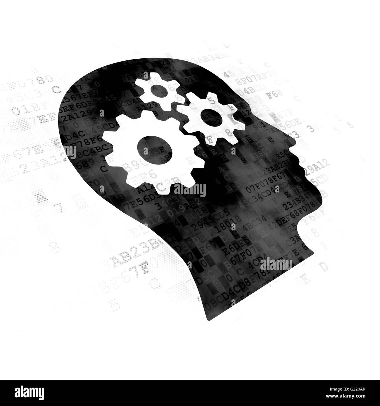 Il concetto di pubblicità: Testa con ingranaggi su sfondo digitale Foto Stock