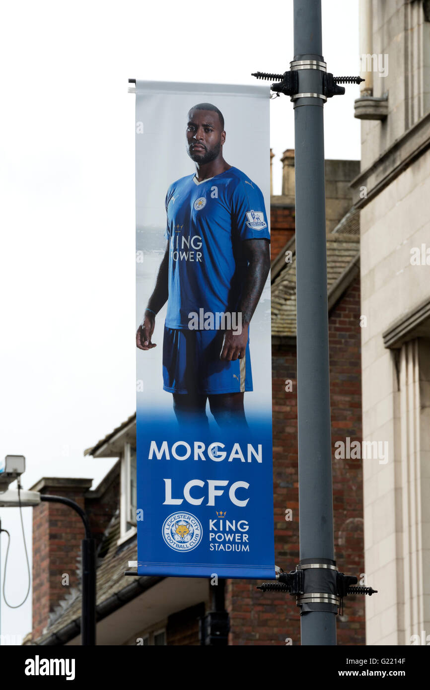 Il Leicester City Football Club giocatore banner, Wes Morgan, Leicester City Centre, Regno Unito Foto Stock