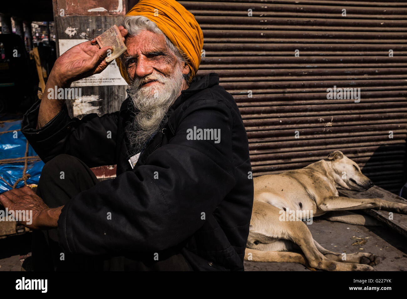 Uomo con denaro accanto a un cane di pelo di Delhi, India Foto Stock