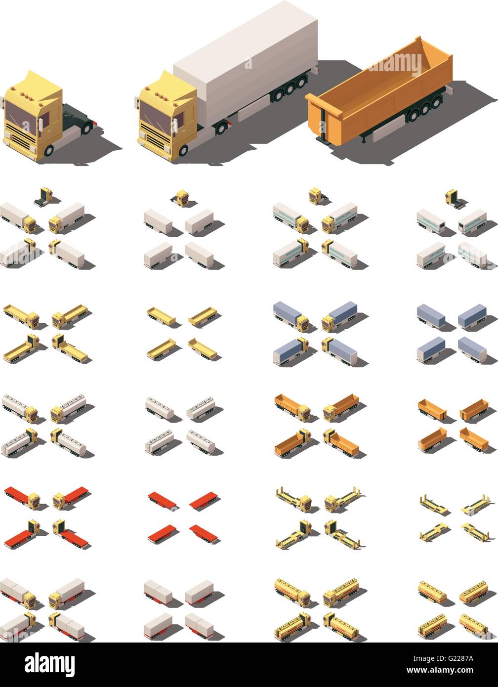Vettore carrelli isometrica con semirimorchi icona impostare Illustrazione Vettoriale