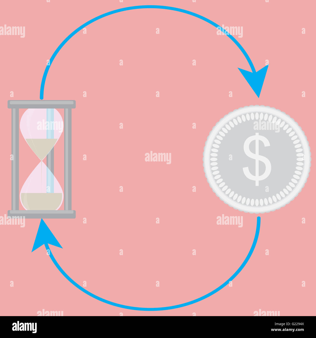 Il tempo di ciclo e denaro. Medaglia d'argento e vetro di sabbia. Vector design piatto illustrazione Foto Stock