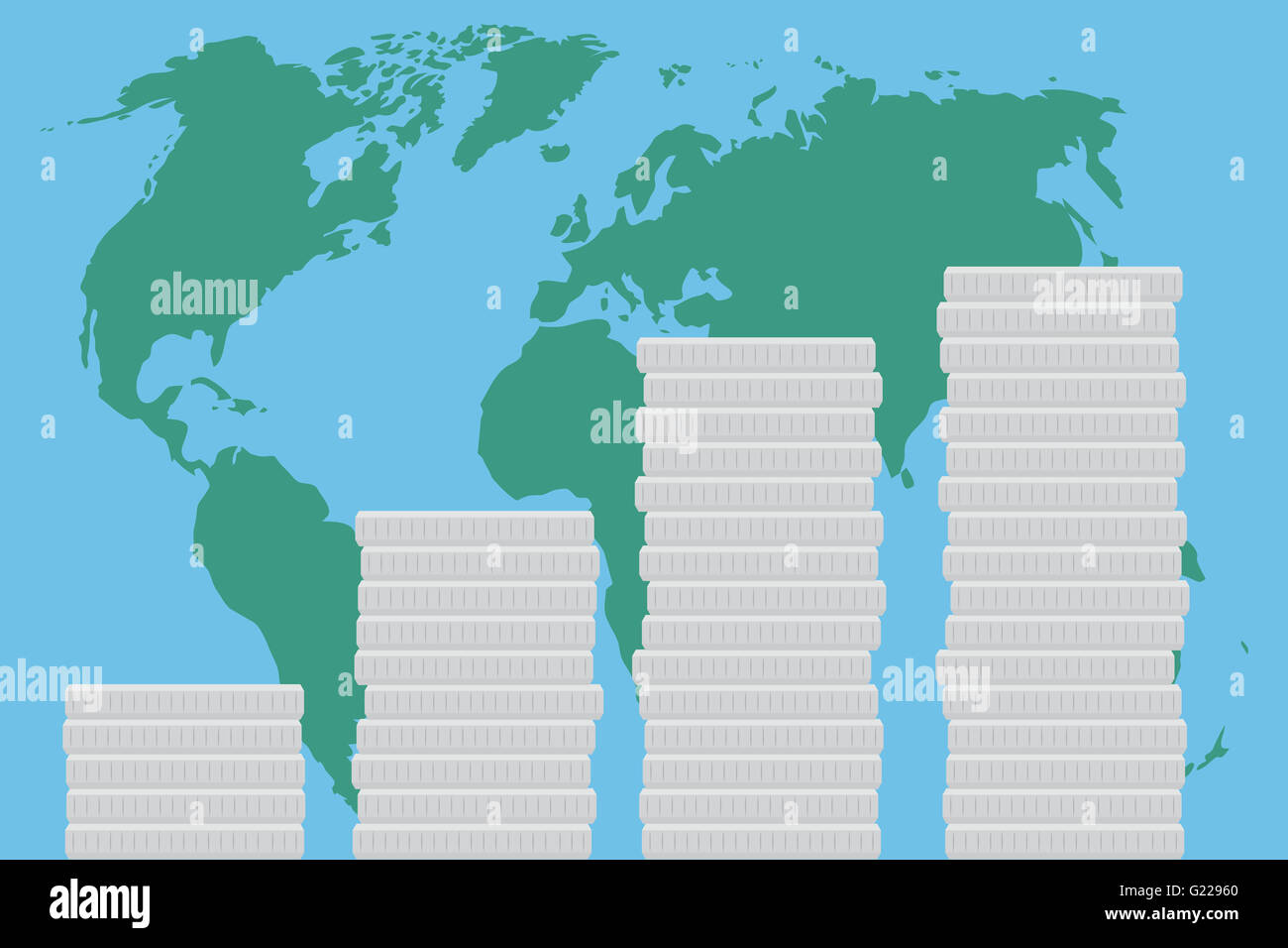 Global business finance mappa denaro. Mappa del mondo e mercato globale concetto, economia e il successo di un investimento di crescita. Vettore desi piatta Foto Stock