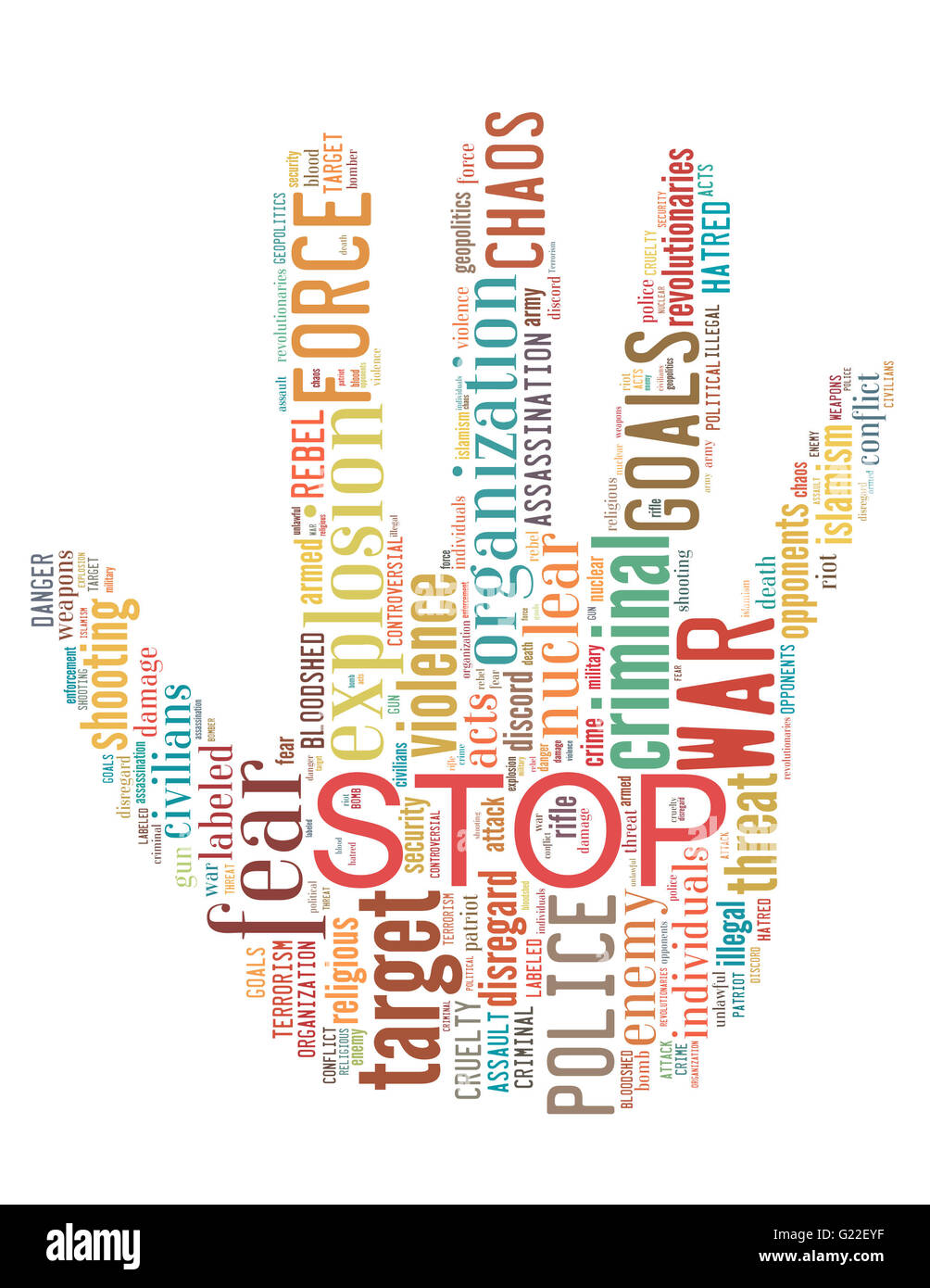Fermare il terrorismo, guerra Stop, Stop alla violenza, word cloud concetto su sfondo bianco. Foto Stock
