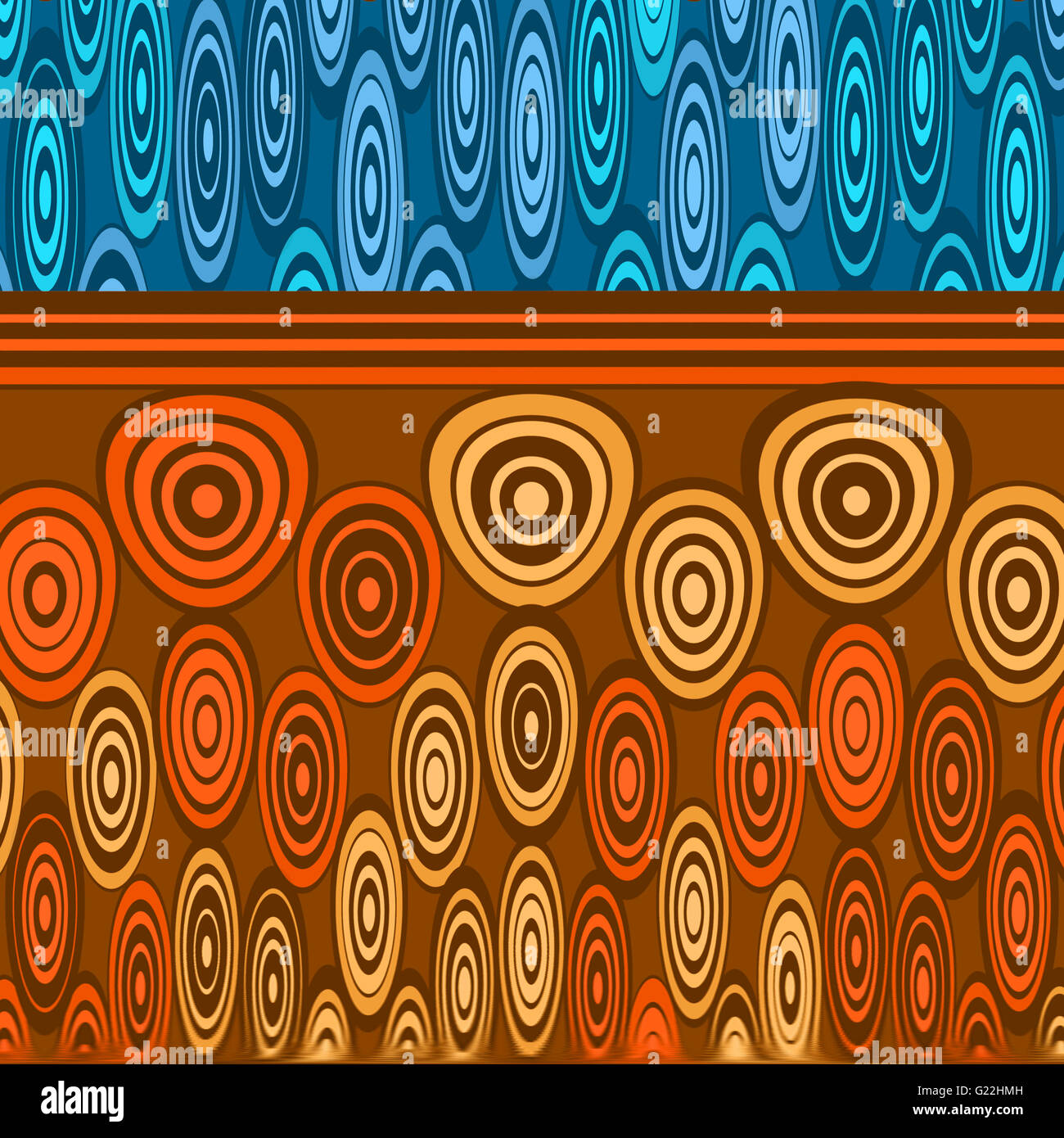 Arancio e blu disegno geometrico, diviso in due parti con cerchi. Algoritmica arte digitale Foto Stock